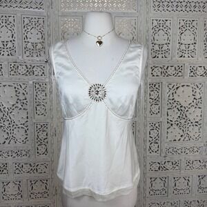 Cream Sequin Beaded Babydoll Tank Top Sz S/M Satin Fairycore Y2K Coquette